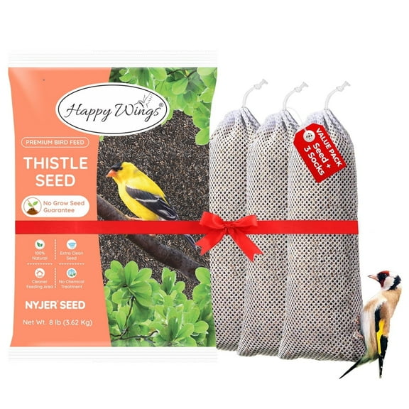 Happy Wings 8lbs No Grow Nyjer Seed Bird Food & 3 Empty Sock Feeders for Wild Bird Seed - Dry