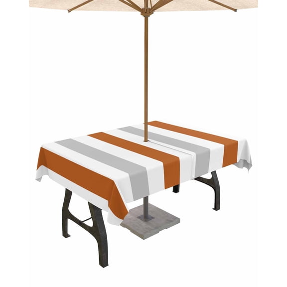Hokiten Outdoor Tablecloths with Umbrella Hole & Zipper, Burnt Orange Gray Striped Rectangle Tablecloth 52x70 Inch, Farmhouse Stripe Art Waterproof Table Cloth, Patio/Pool/Picnic Table Covers