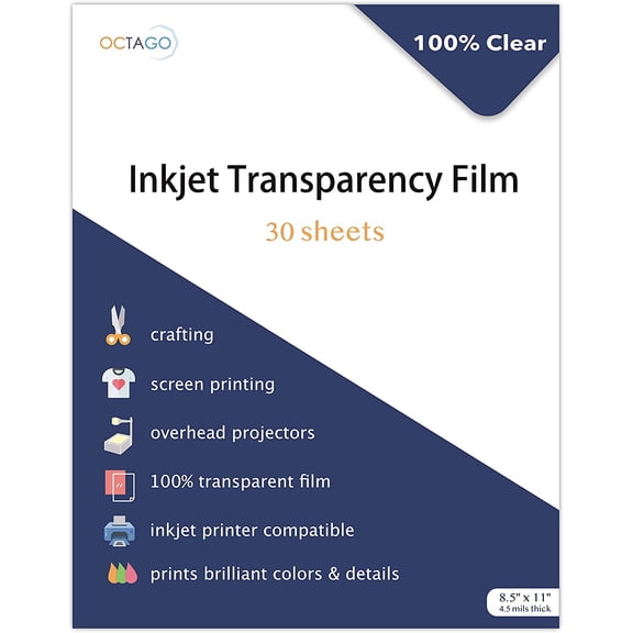 OCTAGO Inkjet Transparency Film - Inkjet Transparent Paper for Overhead & Screen Printing - Thick Transparency Sheets & Printable Plastic Sheets for Crafts - 8.5 x 11 Inches, Pack of 30