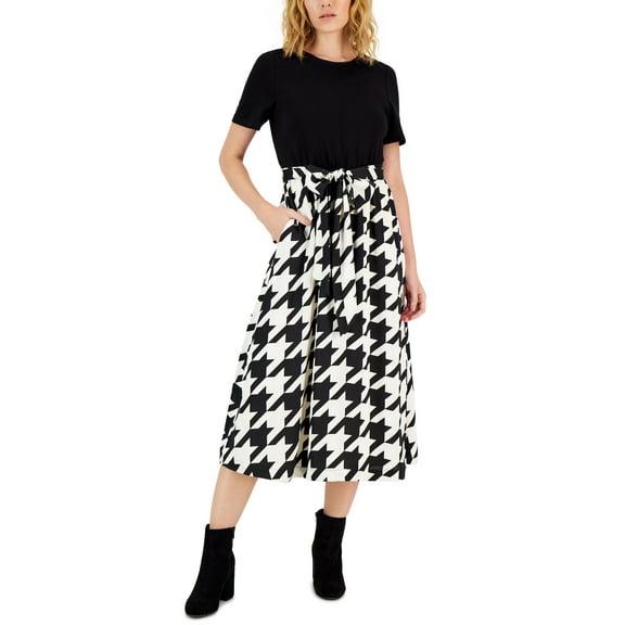Anne Klein Womens Mixed Media Houndstooth Midi Dress Anne Black/ Anne White S