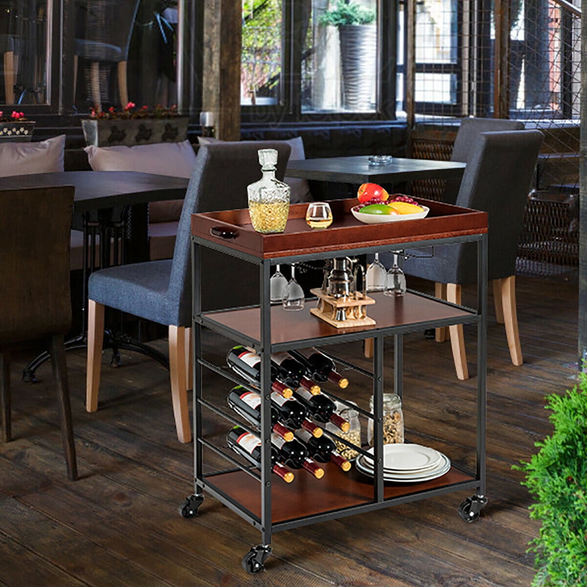Gymax 3 Tier Storage Kitchen Trolley Bar Serving Cart w/Wine Rack & Glass Holder