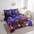 thumbnail image 2 of Castle Fairy Neon City Sports Car Bedding Comforter Set 7-Piece for Boys, Night Light Art King Bedding Sets for Bedroom, Purple Blue,Black Reversible, 2 of 7