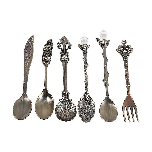 Set of 6 Mini Retro Royal Style Coffee Spoons and Forks, Fruit Kitchen Tableware, Antique Brass