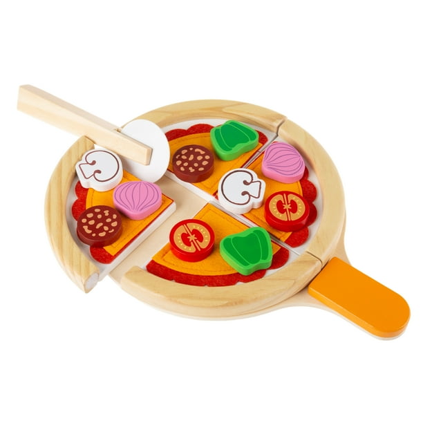 Pretend Play Pizza Set-Wooden Toy Food with Board, Crust, Cutter, Sauce, Cheese and Toppings by