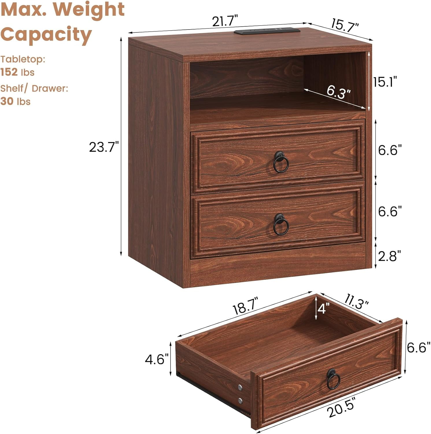 Winkalon 2 Drawers Farmhouse Nightstand with Charging Station, Rustic Bedside Tbale with Drawers for Bedroom, Vintage End Table with Open Shelf for Bedroom Living Room, Cherry