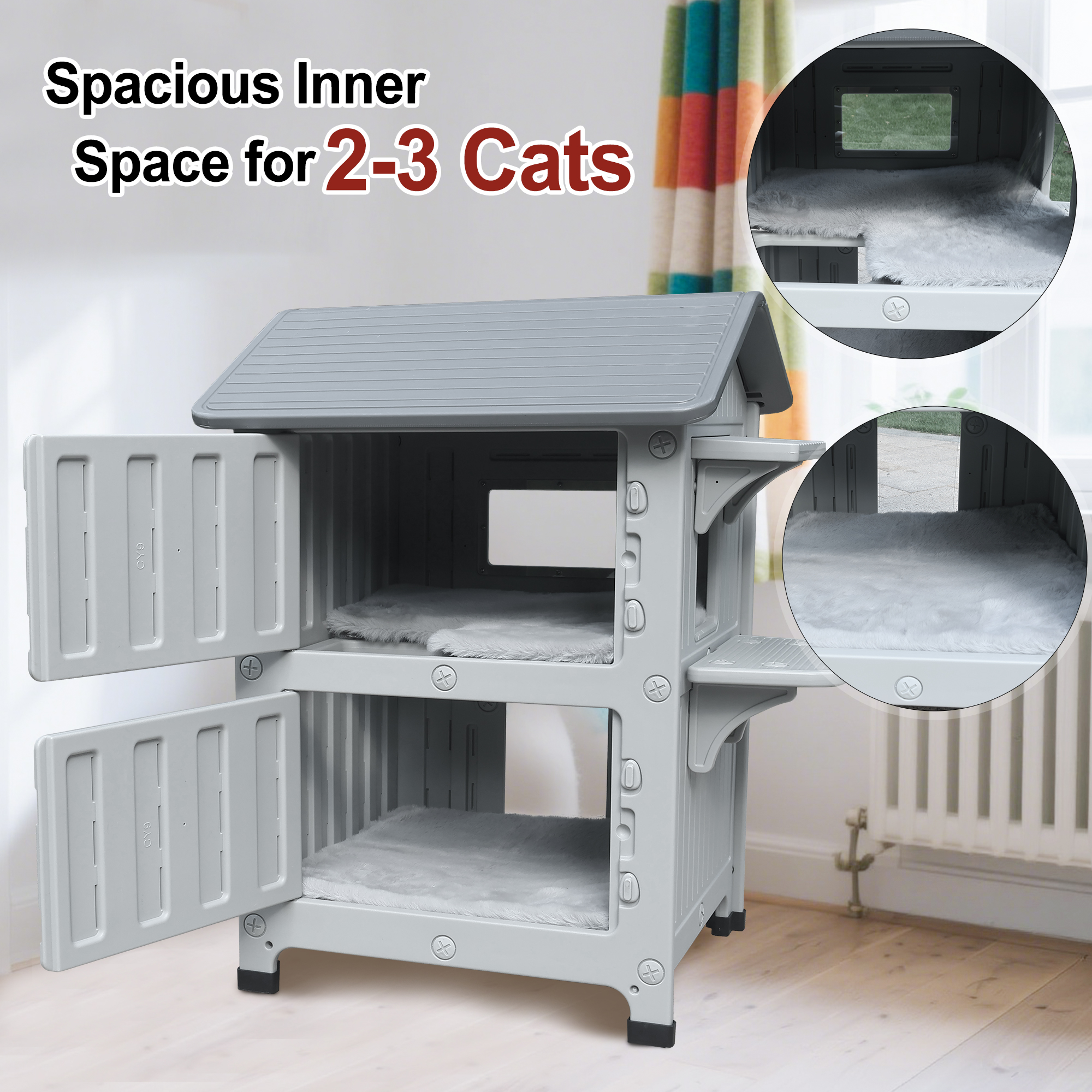 Plastic Cat House Outdoor Weatherproof Cat House for Winter, 2 Story Cat Houses Large for Multiple Cats Outside Cat Shelter, Spacious, Clean Easily