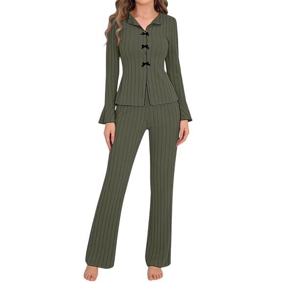 Vhkiploz 2Pcs Sleepwear Sets Pajamas for Women's V-Neck Long Sleeve Bowknot Turn-Down Collar Shirt with Pants Solid Color Daily Nightwears