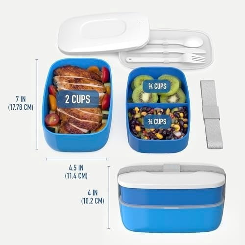 Classic - Adult Bento Box, Stackable 3-Compartment Lunch Box with Removable Utensil Set and Sealing Strap, BPA-Free, Food Container Ideal for Meal Prep, Work, and On the Go (Blue)