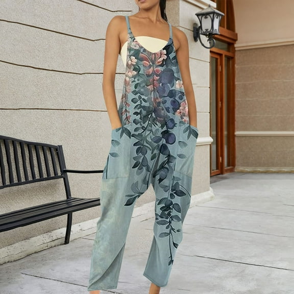 Pyhlmscde Women's V Neck Sleeveless Jumpsuits Spaghetti Straps Harem Long Pants Overalls with Pockets, Floral Jumpsuits for Women, Womens Jumpsuit, Overalls for Women