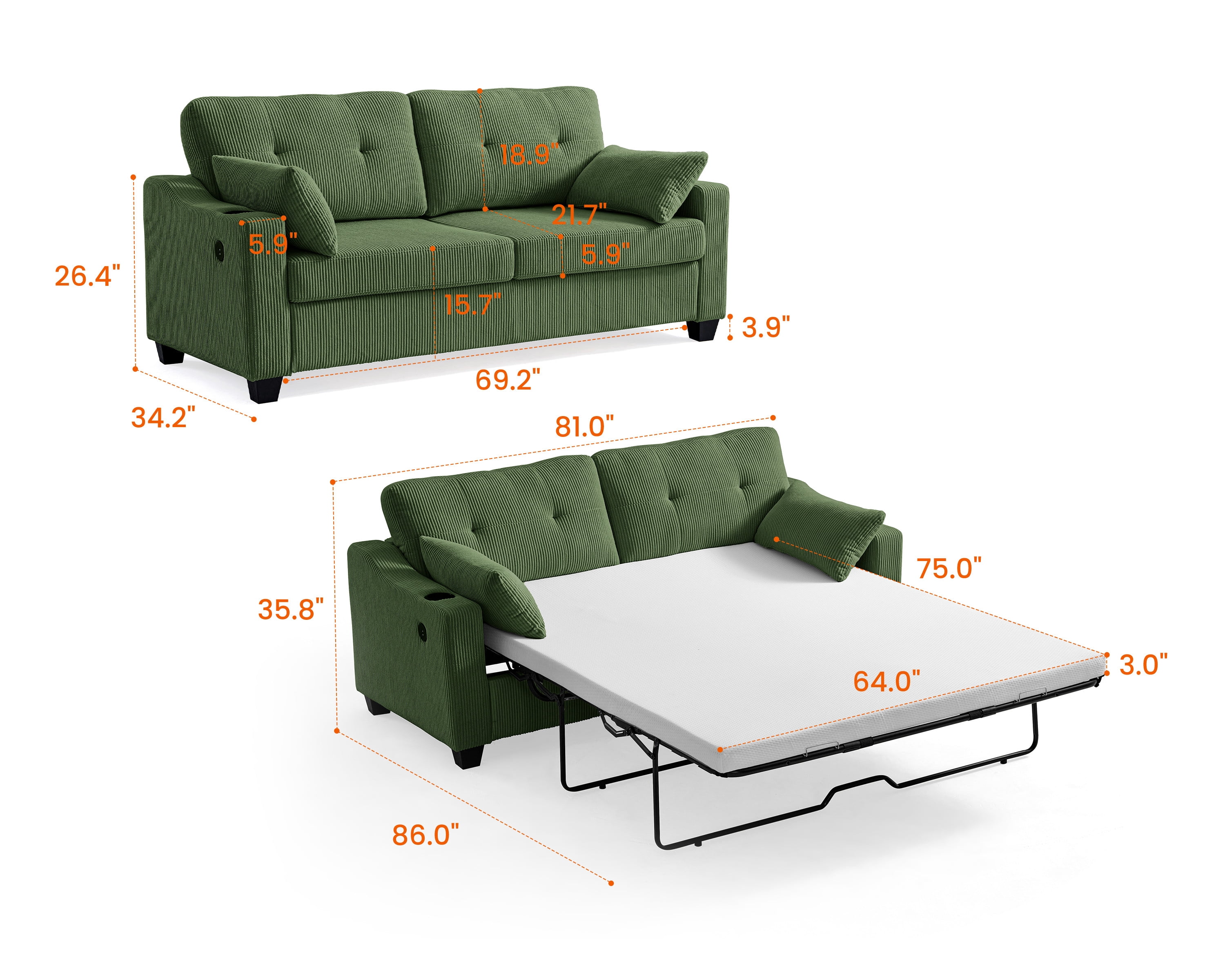 CHIC HOUSE Pull Out Sofa Bed Couch Queen Size with Mattress USB, Convertible Sleeper Sofa Loveseat for Small Spaces RV, Corduroy Pull Out Couch Bed for Living Room with Cup Holders LED Lights, Green