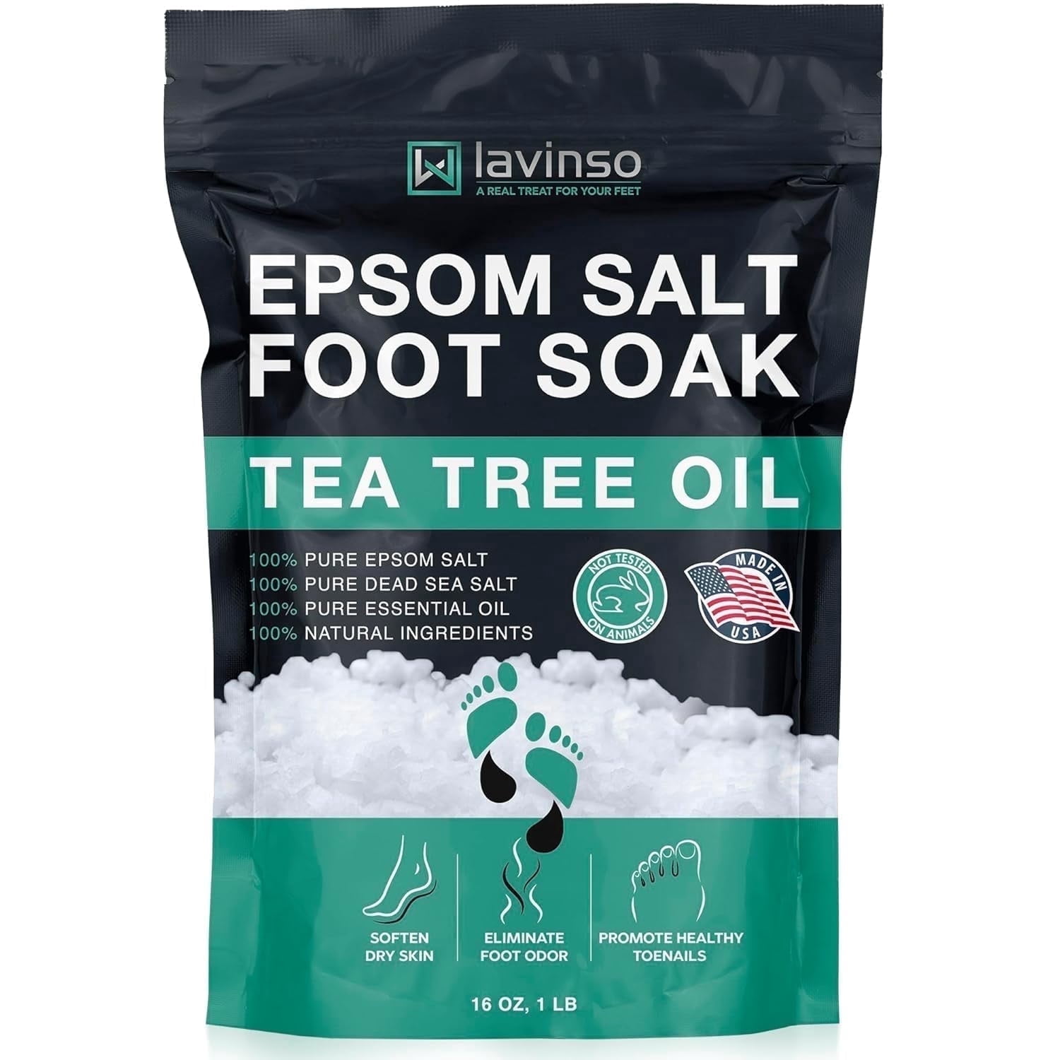 Tea Tree Oil Foot Soak with Epsom Salt - Made in USA - for Toenail Health, Athletes Foot, Stubborn Odor, Softens Calluses - 1 lb
