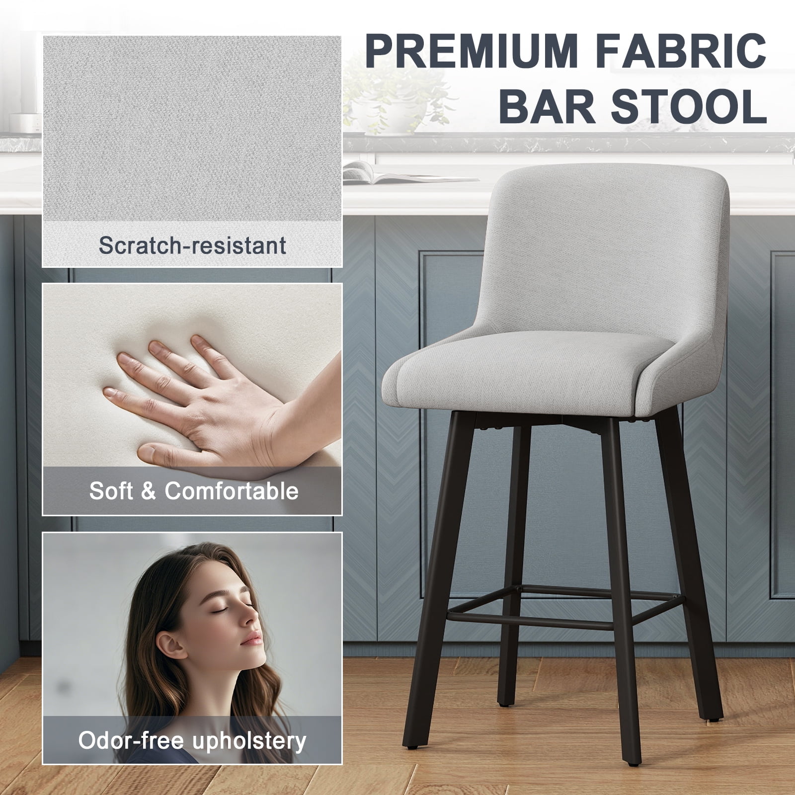 MultiHaven 26.1-Inch Bar Stools Set of 4,Swivel Counter Height Bar Stool with Back & Metal Legs,Fabric Island Chairs Suitable for Kitchen,Bar,Cafe - Light Gray