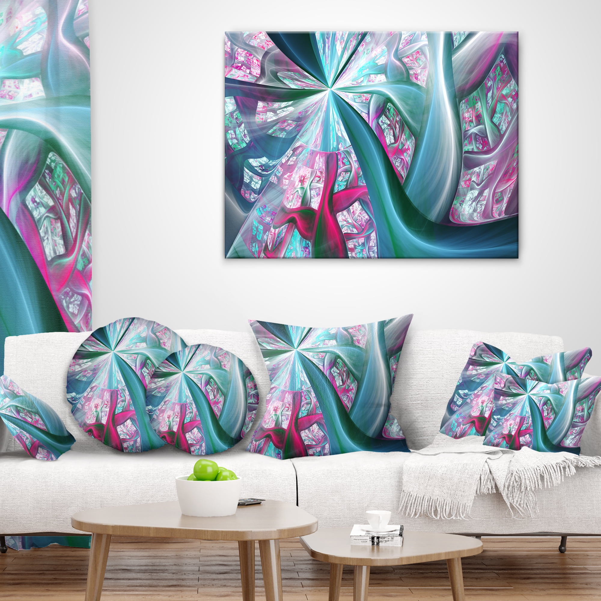 Designart Blue Pink Fractal Plant Stems - Abstract Throw Pillow - 16x16