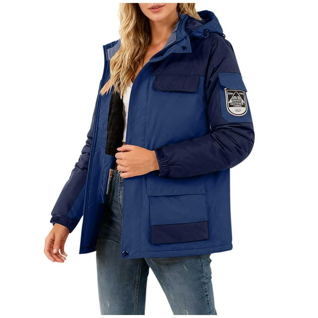 Boutons Contrastants à Fermeture Éclair pour Femmes, Poches Col Montant, Manches Longues à Capuche, Parka Mode Décontractée