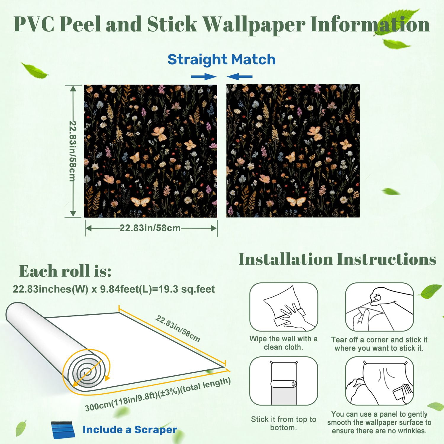 Peel and Stick Wallpaper Floral Wildflower Butterflies Black Vintage Botanical 24in x 118in Contact Paper Removable Self Adhesive Wall Mural Wall Decor for Bedroom Kitchen Cabinets