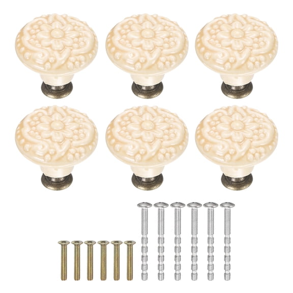 Uxcell 6 Pack Ceramic Knobs, 34mm/1.34" Flower Pattern Mushroom Knob Raised Base Drawer Pull Handle Vintage Wardrobe Knobs with Screws for Vanity Bedroom Furniture Closet, Pink