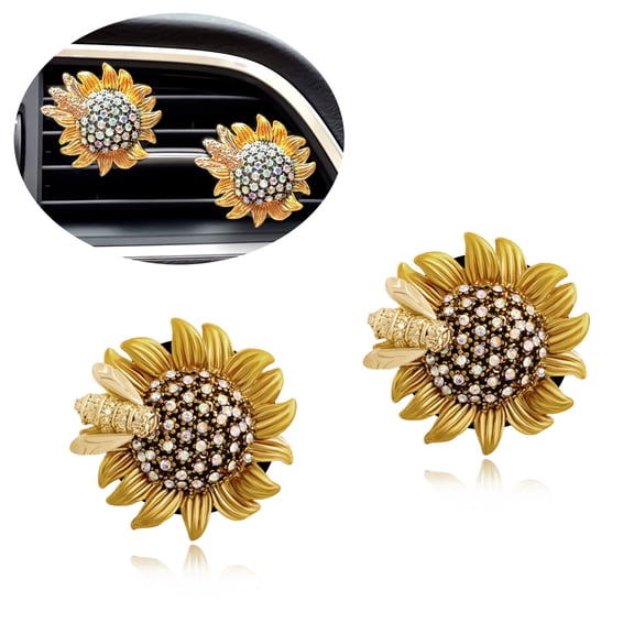 Sunflower Car Accessories,Movable Bee Flower Car Air Freshener Vent Clips,Bling Air Vent Aesthetic Decorations for Women,Refillable Aroma Diffusers
