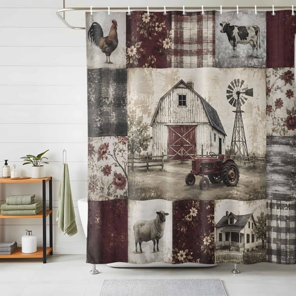 Farmhouse Checked Shower Curtains for Bathroom, Patchwork Old Barn Rooster Waterproof Fabric Shower Curtain, Decorative Bathroom Curtain for Bathtub, 36"x72", No Hooks Included