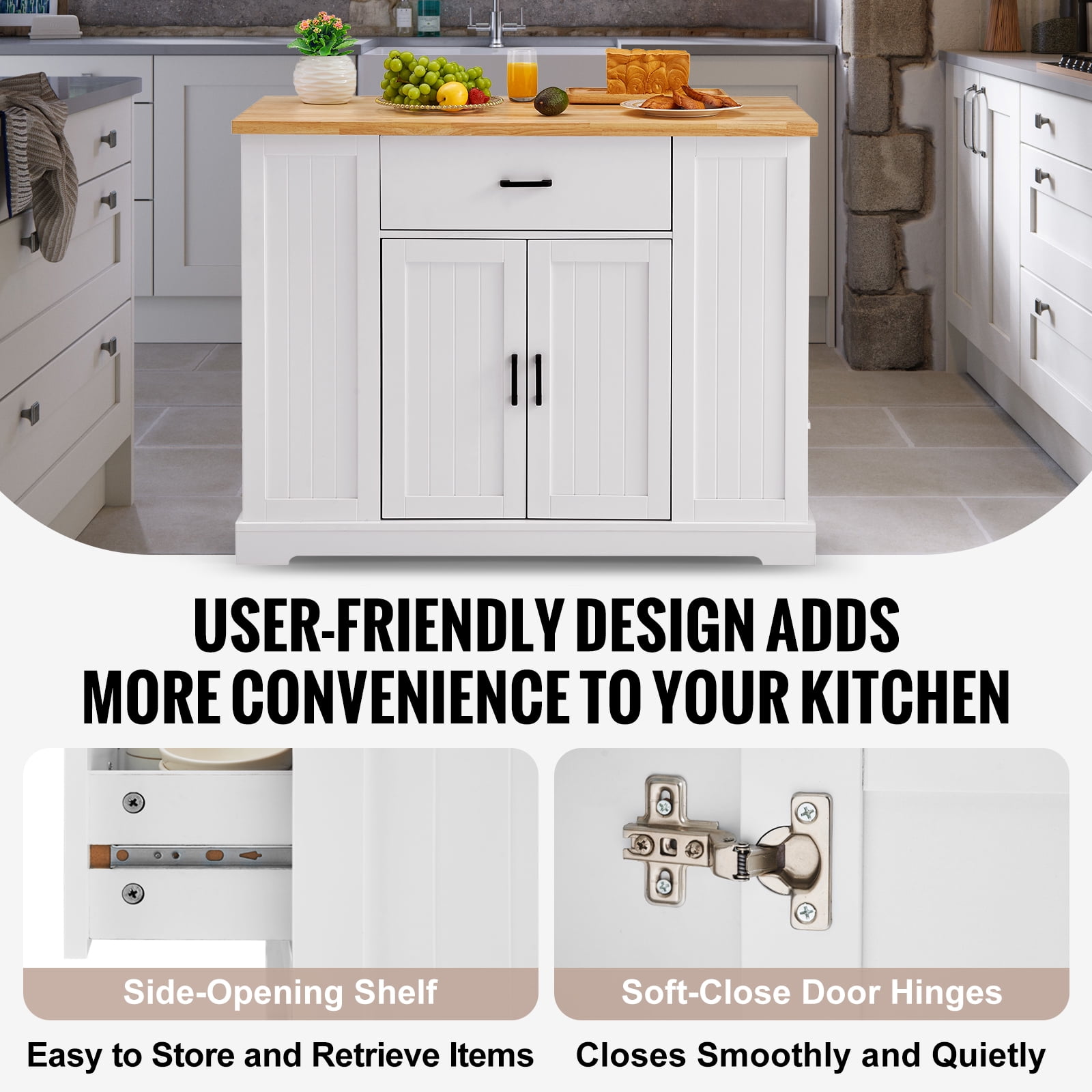 KFFKFF 46" Kitchen Island Cart with Storage, Wooden Countertop Utility Cart with Adjustable Shelving, Drawer, Ideal for Dining Area, Living Space, White