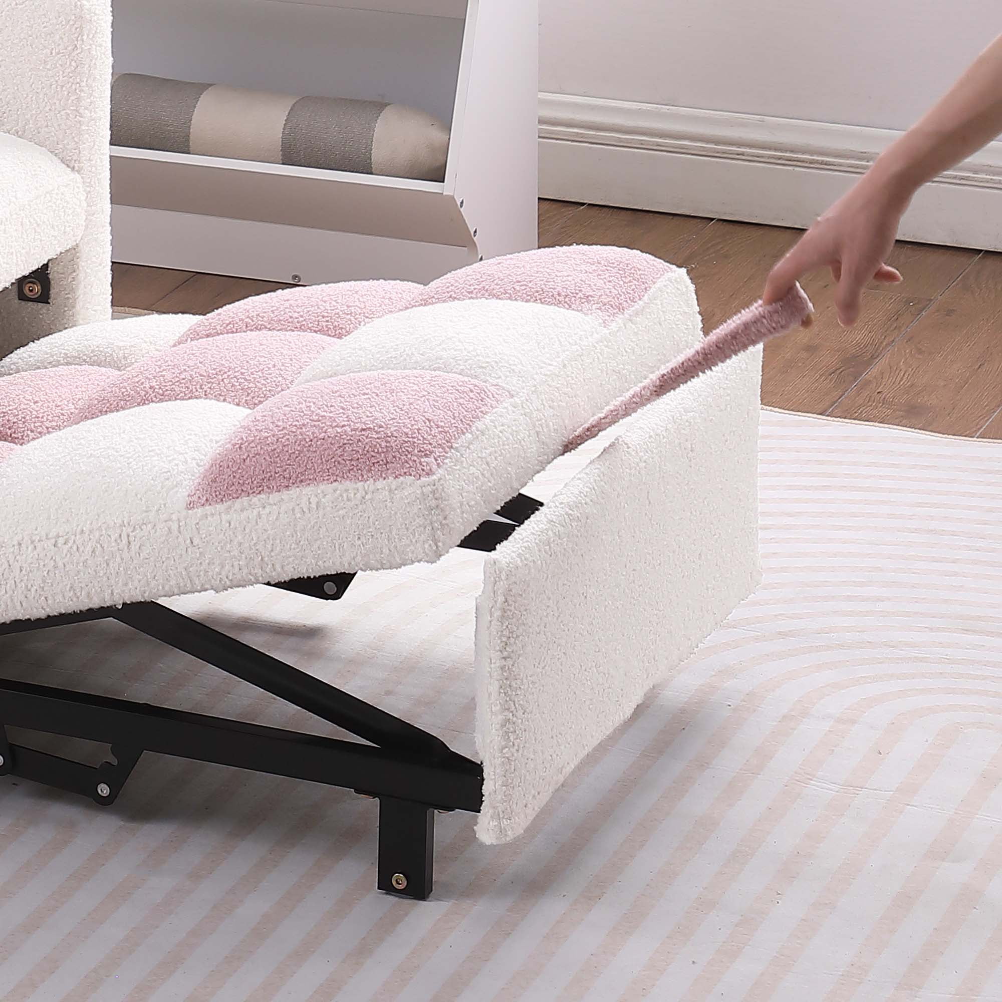 Aukfa Convertible Sleeper Chair Bed, Patchwork Pull Out Sofa Chair with Adjustable Backrest, Teddy - White/Pink
