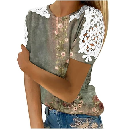 

Dianli Corset Tops For Women Floral Print Tunic Round Neck Short Sleeve Summer T-Shirts Beach Fashion Loose Lace Patchwork Blouses Tops Green L