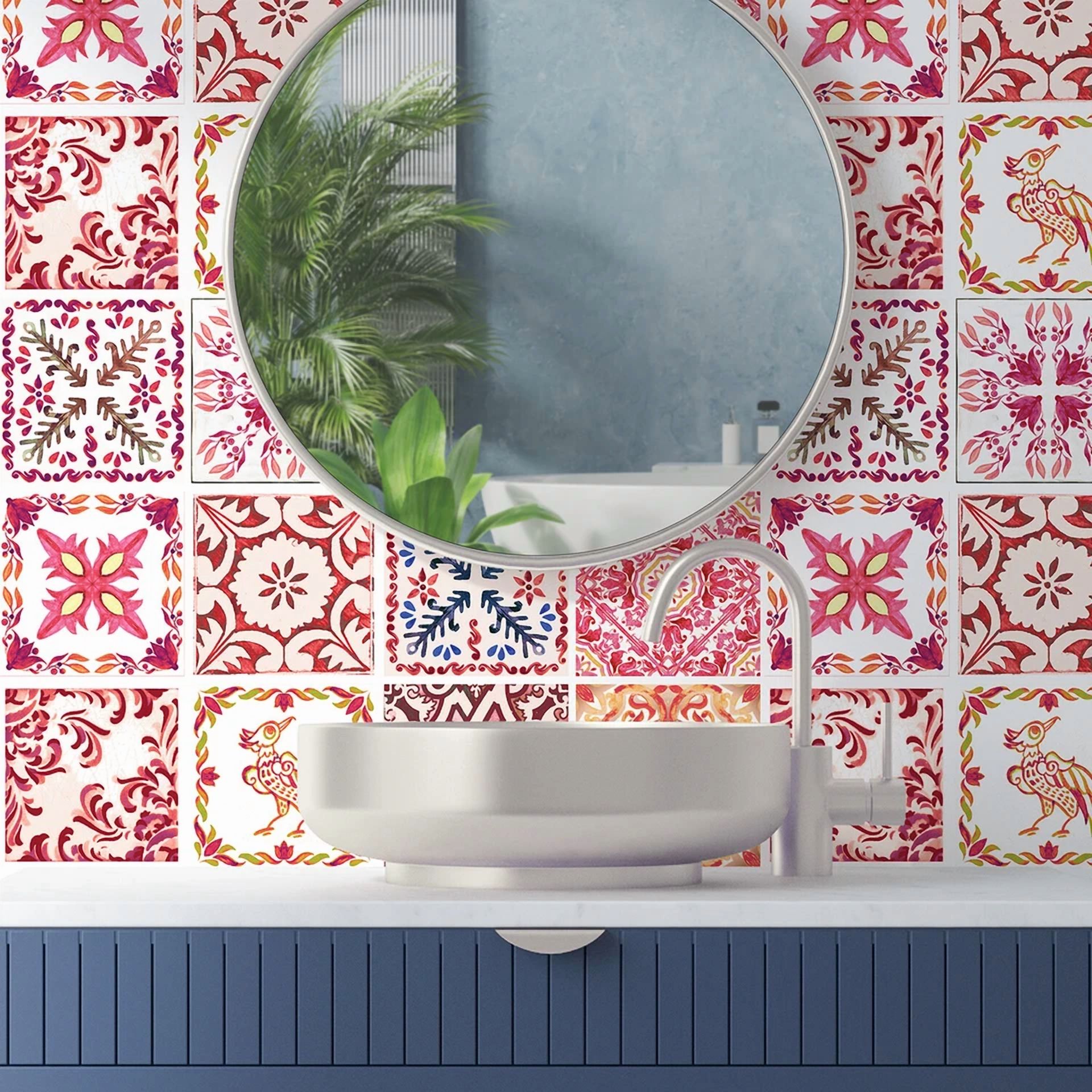 CIRCLE- 24Pcs 6X6 Moroccan Rose Red Mosaic Peel And Stick Tiles Sticker Backsplash Art