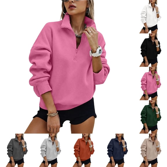 UDAUDU Womens Half Zip Sweatshirts Casual Fleece Y2k Pullover Tops Fall Fashion Winter Pullover Tops Clothes Pink M