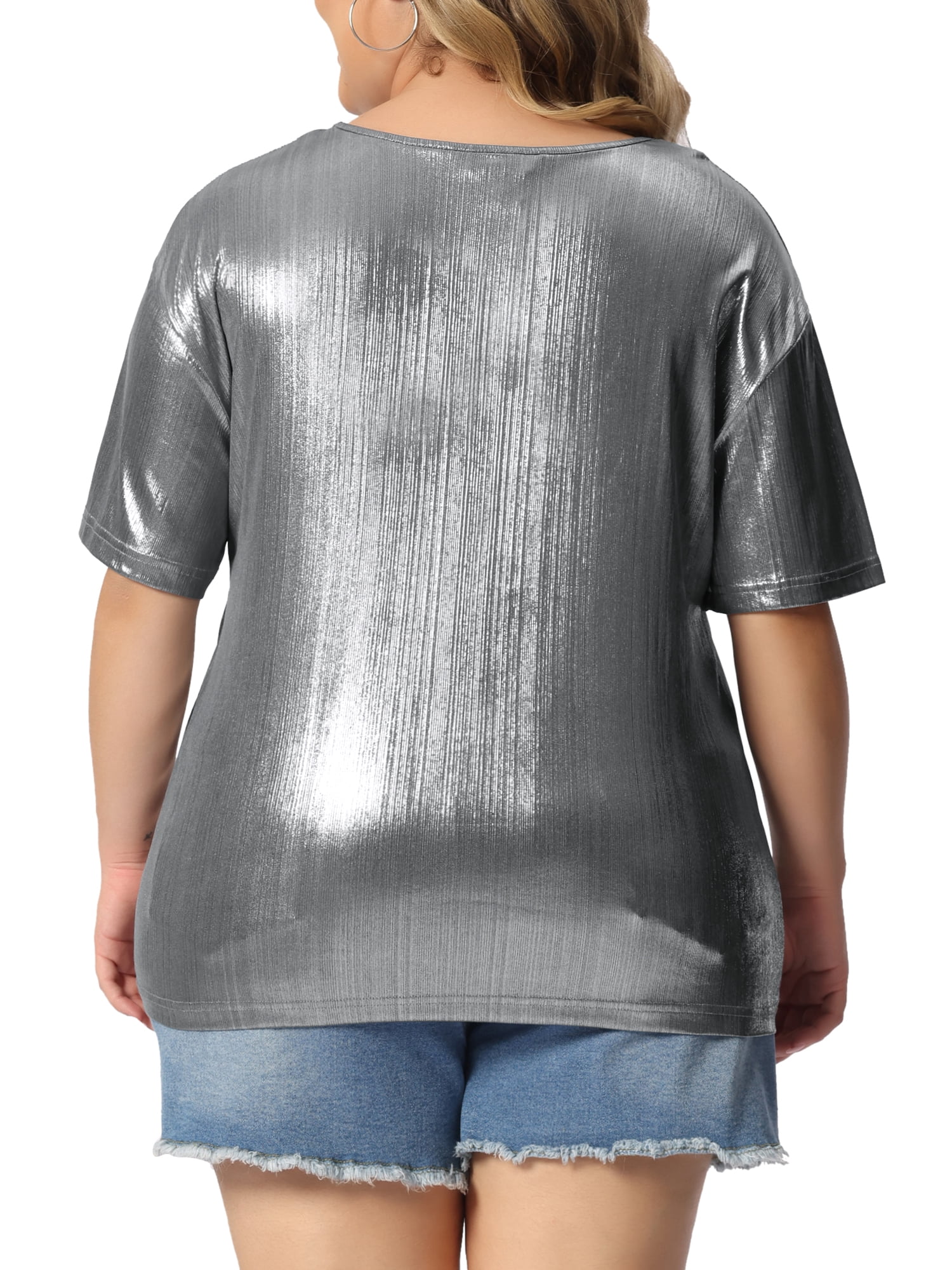 Agnes Orinda Women's Plus Size Tops Metallic Holographic Short Sleeve Concert Party Blouses 3X Silver