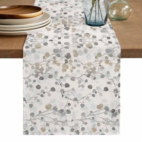 Gray Botanical Table Runner, Farmhouse Spring Summer Floral Leaves Washable Cotton Linen Table Runners 72 Inches Long, Dresser Scarf Runner for Dining/Coffee/Kitchen/TV Stands/Cabinets 13''x72''