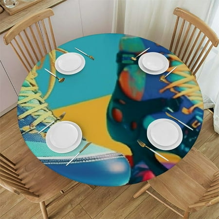 

Elastic Edged Round Tablecloth Retro Colorful Print Table Cloth Cover for Indoor Outdoor Kitchen Party