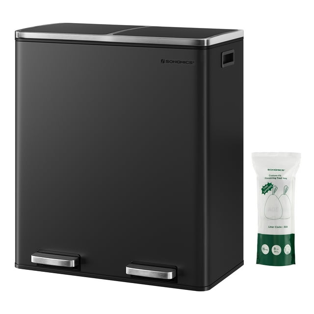 SONGMICS Trash Can, 2 x 8 Gallon Garbage Can for Kitchen, with 15 Trash Bags, 2 Compartments, Plastic Inner Buckets and Hinged Lids, Airtight, Black ULTB60B