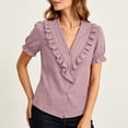 thumbnail image 5 of Cilsoka Women's Ruffle Trim Button Down Shirts Summer V Neck Puff Sleeve Cotton Linen Tops Casual Loose Fit Solid Blouse, 5 of 6