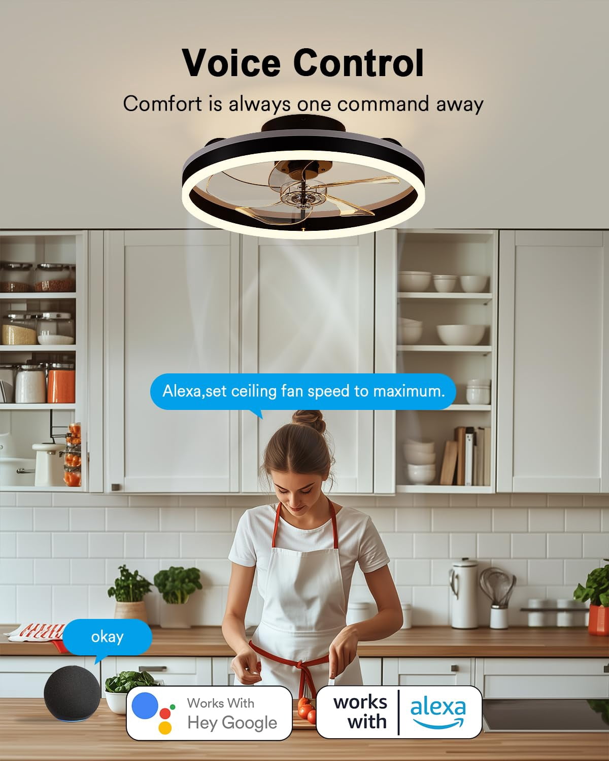 Lumary Smart Ceiling Fan with Light RGBAI LED Flush Mount Low Profile Fan Works with Alexa Google with Remote 20 Inch Black