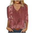 thumbnail image 2 of LEBONYARD Womens Shirts 3/4 Sleeve,Women's Fashion Casual Print V-neck 3/4 Sleeve Top Long Sleeved V-neck Top/Shirt Red S, 2 of 5