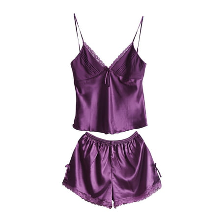 Women Lace Silk Satin Camisole Shorts Pajama Nightwear Sets Purple L ...