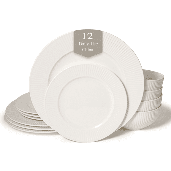 Square House New Bone China 12 Piece Dinnerware Set, Santorini Collection (Sun), White, Daily Use China, Embossed Tableware Service for 4
