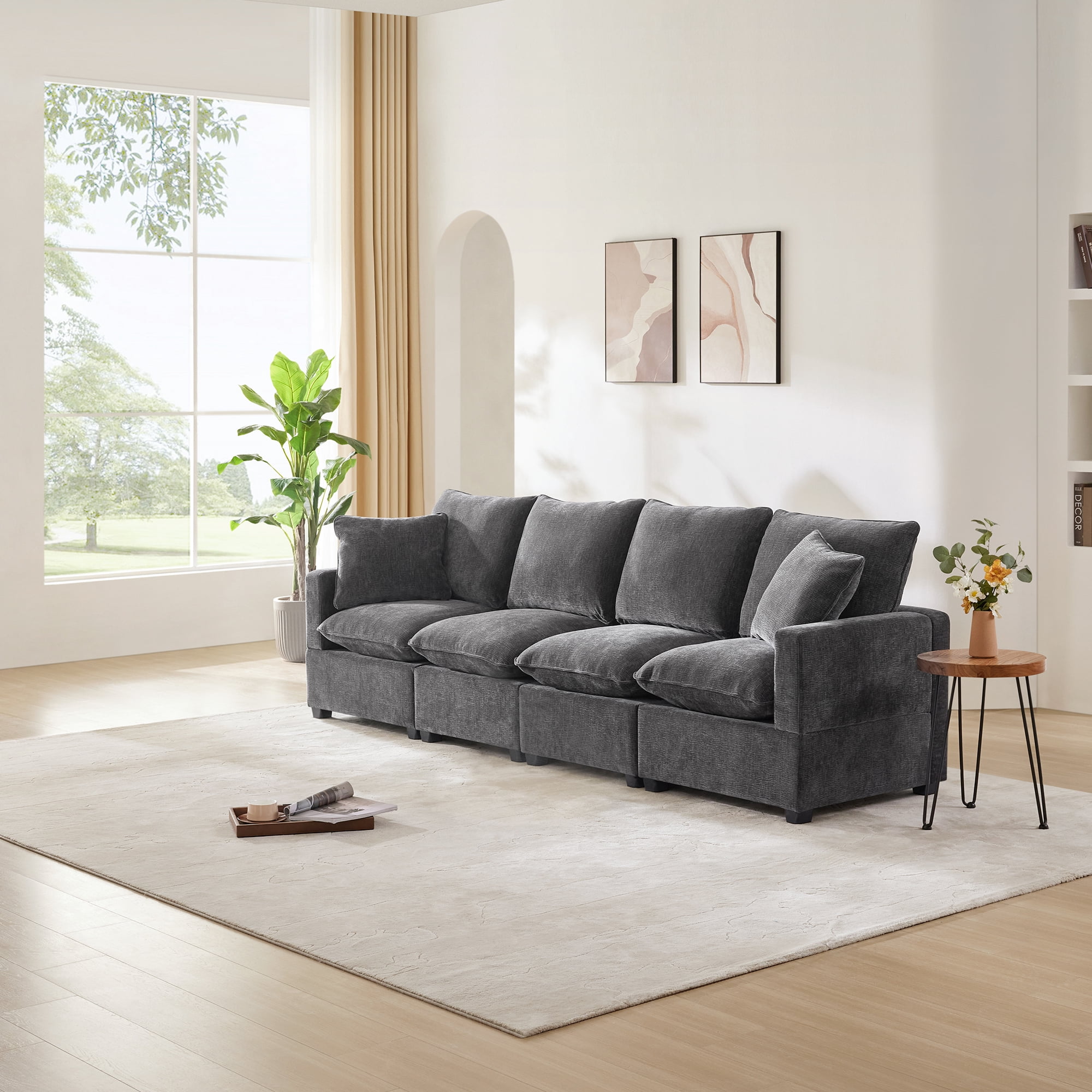 EUROCO 110" Modern Modular 4-seat Chenille Sofa Couch,Combinable Funiture with 2 Pillows, Large Sectional Couch for Living Room, Apartment, Office, Grey
