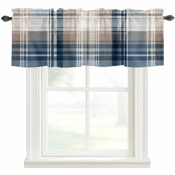 Blue Brown Plaid Rod Pocket Curtain Valance, Vintage Abstract Stripes Lattice Farmhouse Window Valance for Living Room, Bedroom, Kitchen 42"W x 18"L
