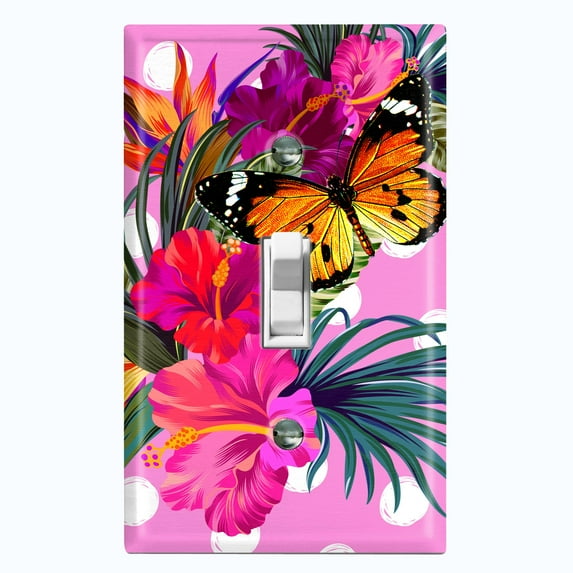 Metal Light Switch Plate Cover Hibiscus Flower Butterfly Pink Polka Dots FLW035
