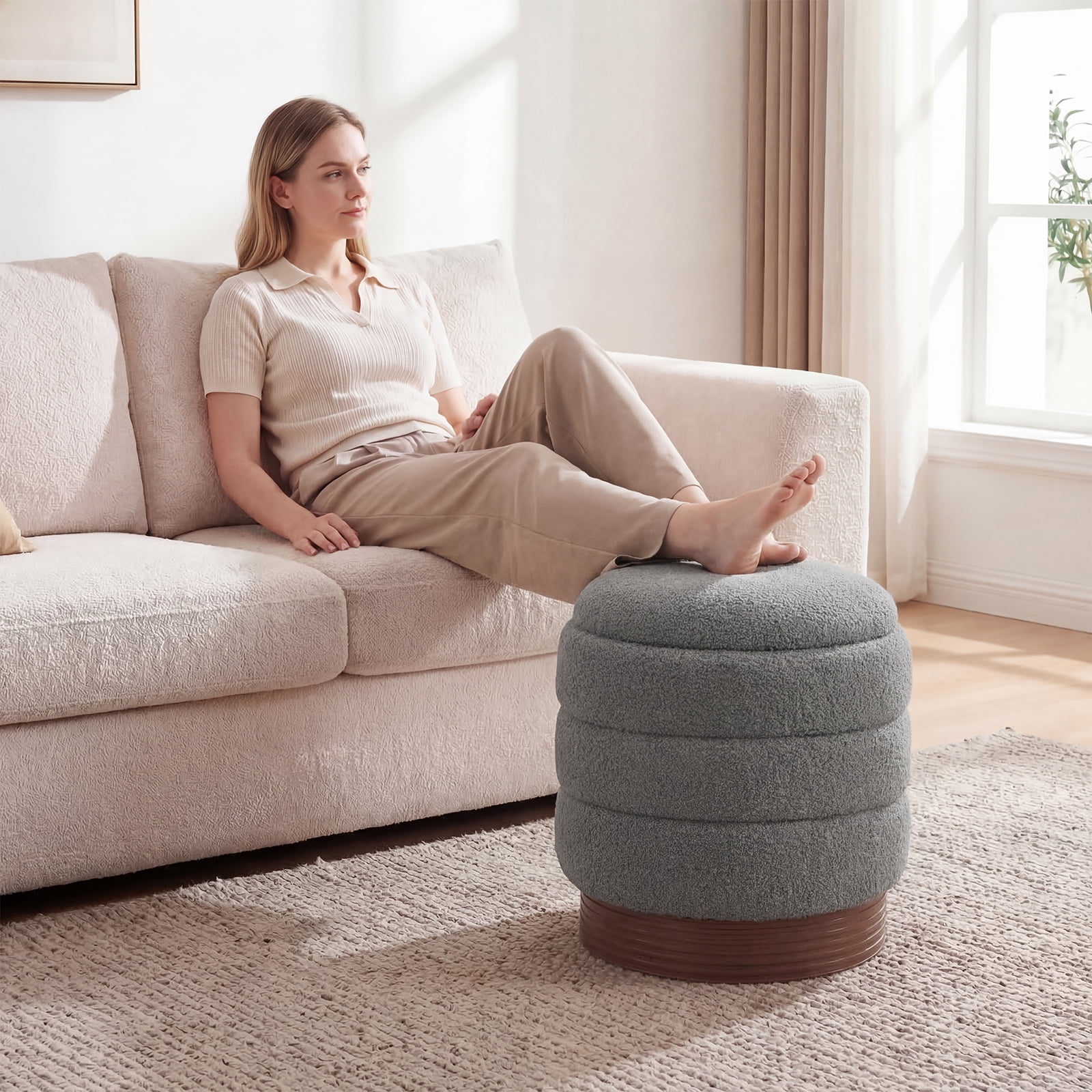 Costway 360° Swivel Boucle Foot Rest with Hidden Storage, 400 Lbs Weight Capacity Footstool Gray and Brown