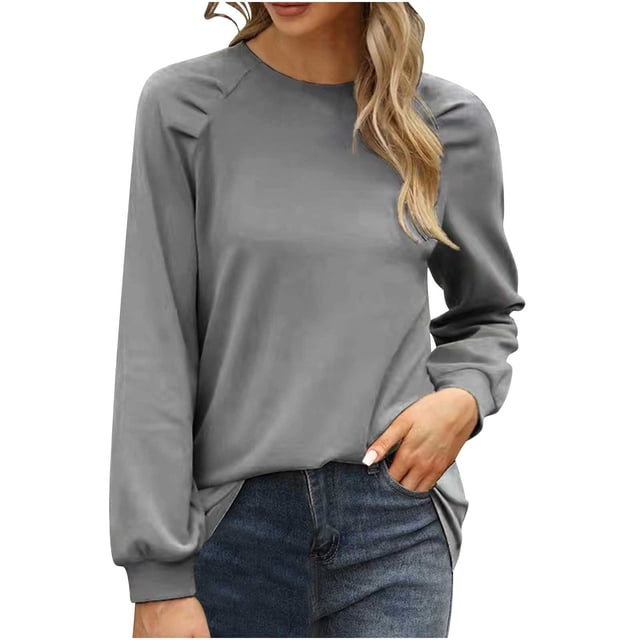 aidice Womens Tops Casual Crewneck Long Sleeve Fitting Shirts Ruched Fall Solid Color Blouses Tops