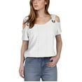 thumbnail image 2 of Fartey 2025 Womens Cold Shoulder Tops Summer Hollow Out Eyelet Short Sleeve T Shirts Fashion O Ring Strap Tunic Blouse Solid Color Going Out Blouses White S-2XL, 2 of 7