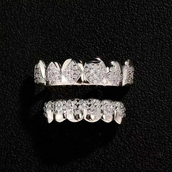 Copper Zirconia Poker Suit Grillz Set, Gold & Silver Tone with Heart/Spade/Diamond/Club Designs, Iced Out Hip Hop Teeth Jewelry for Men & Women