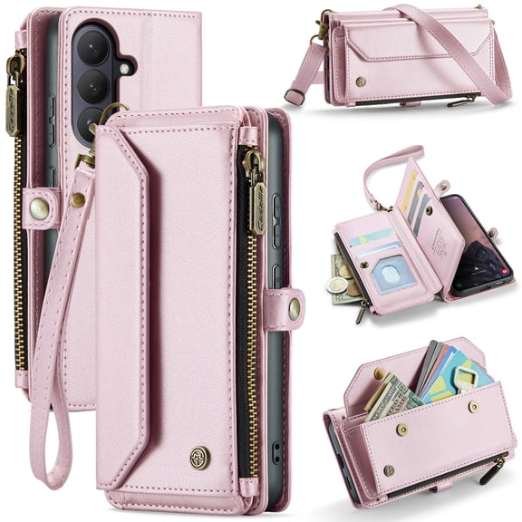 Compatible with Samsung Galaxy S26 Wallet Case, 10 Card Slots & 1 Zipper Coin Pocket & 1 Cash Slot & 1 Cash Pocket & Lanyard & Crossbody Strap & RFID Blocking Phone Case, Pink