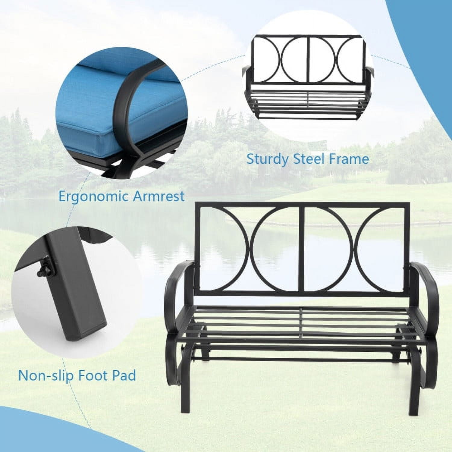 Aimee Lii Double Chair Outdoor with cushion, Patio Glider Bench, Porch, Backyard, Sturdy, Blue Aimee Lii Double Chair Outdoor with cushion, Patio Glider Bench, Porch, Backyard, Sturdy, Blue