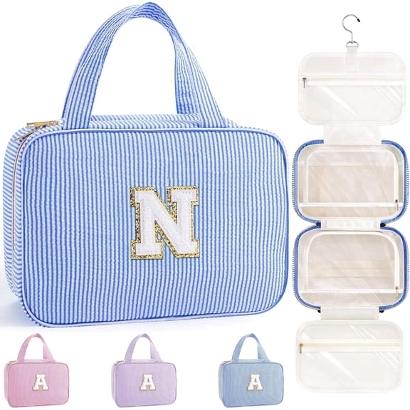 YOOLIFE Hanging Toiletry Bag for Women - Travel Toiletry Bag Makeup Bag, Portable Toiletries Cosmetic Bag, Airplane Travel Essentials - Letter N, Blue
