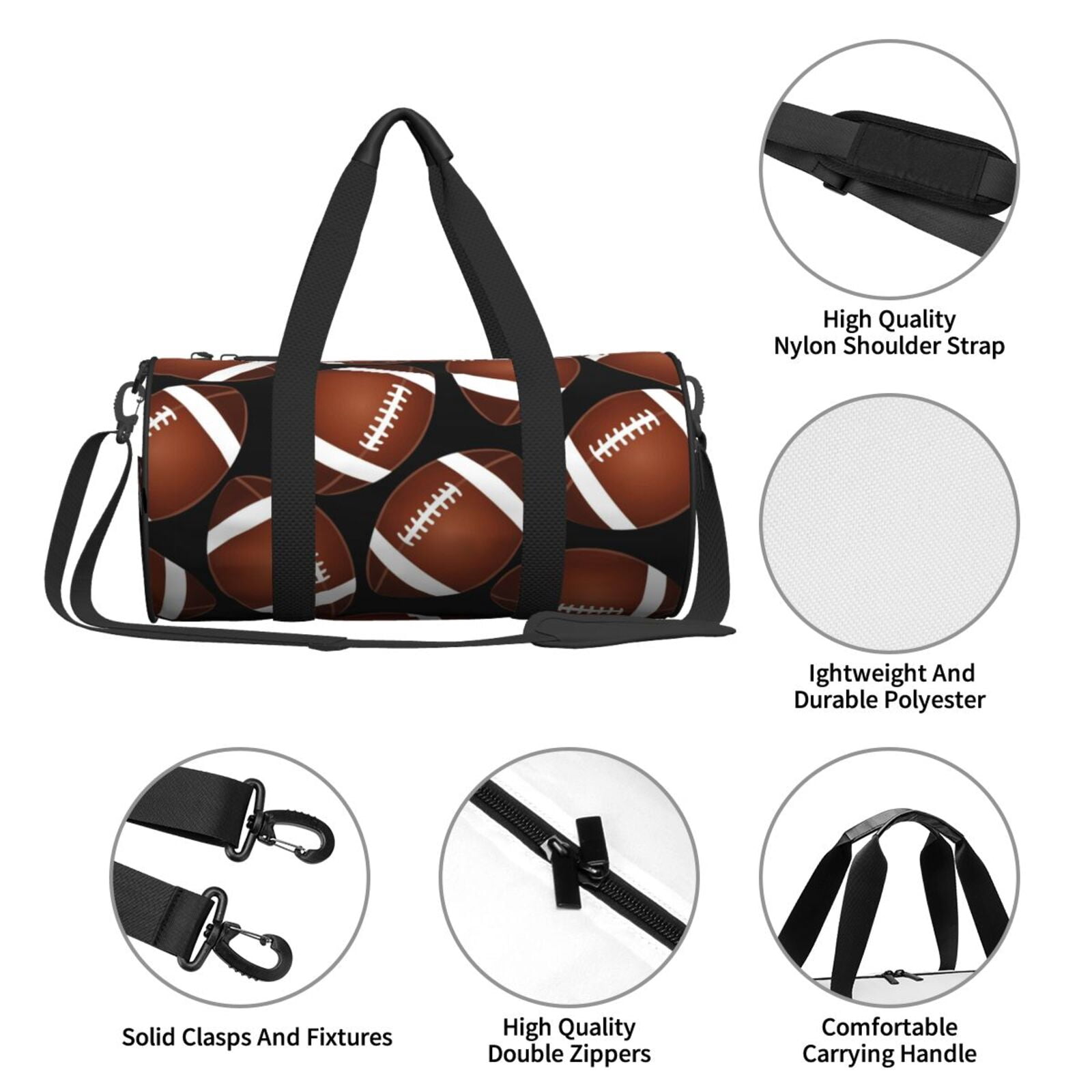 Fuzoiu Brown Football On Black Print Travel Bag, Large Capacity Travel Bag, Sports Gym Bag, Travel Duffel Bag, Weekender Overnight Bag for Women and Man