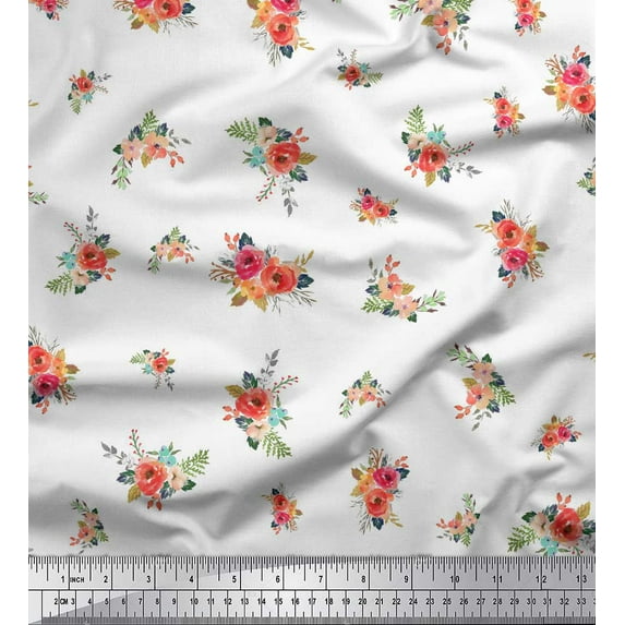 Soimoi White Cotton Jersey Fabric Leaves & Peony Floral Fabric Prints By Yard 58 Inch Wide