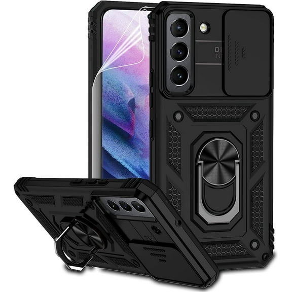 for Samsung Galaxy S22 Case with Camera Lens Cover, Dual Layer Military-Grade Drop Tested Magnetic Ring Holder Kickstand Protective Phone Case for Samsung Galaxy S22 5G (Black)