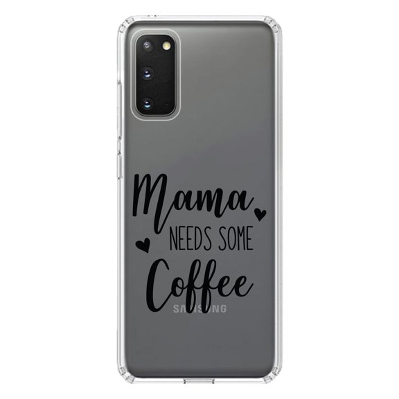 DistinctInk Clear Shockproof Hybrid Case for Galaxy S20 / S20 5G (6.2" Screen) - TPU Bumper Acrylic Back Tempered Glass Screen Protector - Mama Needs Some Coffee